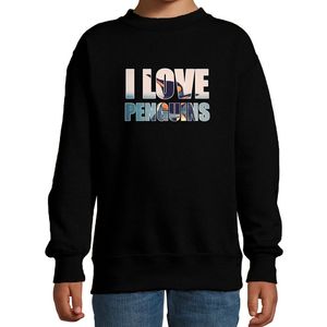 Tekst sweater I love penguins met dieren foto van een pinguin zwart voor kinderen