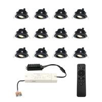 Set van 12 Sienna LED Mini Inbouwspots met trafo - 12 Volt 3 Watt 200 lumen - Dimbaar - Kantelbaar - Plat 30mm - 2700K - IP44 waterdicht - Zwart