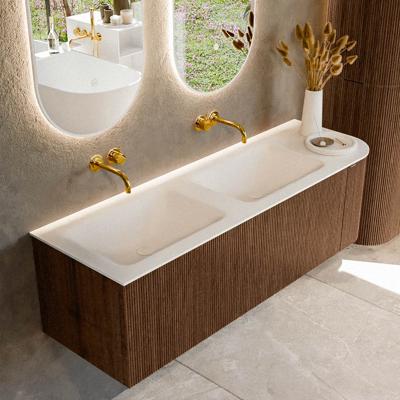 Badmeubel Mondiaz Kurve | 145 cm | Meubelkleur Walnut | Wastafelkleur Talc | Dubbele spoelbak | Zonder kraangaten