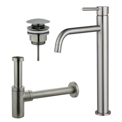 Fortifura Calvi Slim Wastafelkraanset - verhoogde wastafelkraan - klikwaste plug - design sifon - Geborsteld RVS PVD (RVS) SW377859/SW696201/SW696212