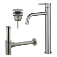 Fortifura Calvi Slim Wastafelkraanset - verhoogde wastafelkraan - klikwaste plug - design sifon - Geborsteld RVS PVD (RVS) SW377859/SW696201/SW696212