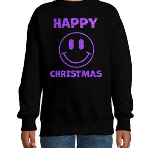 Kersttrui/sweater voor jongens/meisjes - Happy Christmas - zwart - smiley - glitter paars