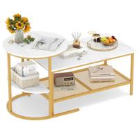 Set van 2 Uitschuifbare Salontafels Uitschuifbare Designtafel van Marmer Verguld Metalen Frame Rechthoekige Salontafel Ronde Bijzettafel voor Bank Woonkamer Slaapkamer-Wit