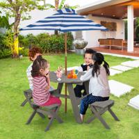 Achthoekige Houten Placemat Picknicktafel voor Kinderen met 4 Stoelen en in Hoogte Verstelbare Parasol Houten Zitgroep