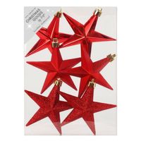 6x stuks kunststof kersthangers sterren rood 10 cm kerstornamenten - Kersthangers - thumbnail