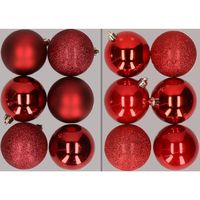 12x stuks kunststof kerstballen mix van donkerrood en rood 8 cm - Kerstbal - thumbnail