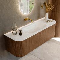 Mondiaz KURVE-DLUX 140 cm Onderkast Greeploos 1 Lade Met Deuren Walnut, Wastafel Solid Surface Midden Ostra 0 Kraangaten Zonder Spiegel (KRVBGS140L+R1L2D0KM-Wal/Ost)