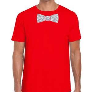 Rood fun t-shirt met vlinderdas in glitter zilver heren