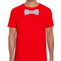 Rood fun t-shirt met vlinderdas in glitter zilver heren