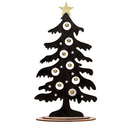 Decoratie kerstboompje - zwart - hout - met gouden belletjes - 44,5 cm Decoratie kerstboompje - zwart - hout - met gouden belletjes - 44,5 cm