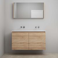 On-Line Badkamermeubelset - 120 cm - Bouwpakket - Greeploos 2 Deuren - Acryl Wastafel - zonder Kraangat - Spiegelkast - Eiken