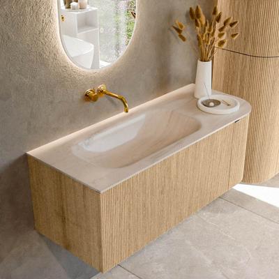 Badmeubel Mondiaz Kurve-Dlux | 115 cm | Meubelkleur Oak | Wastafelkleur Meli | Solid surface | Wasbak linker zijde spoelbak | Zonder kraangat(en)
