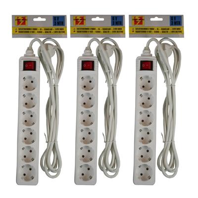 Benson stekkerdoos - 3x stuks - 6-voudig - wit - 3 meter - randaarde - schakelaar - verlengsnoer