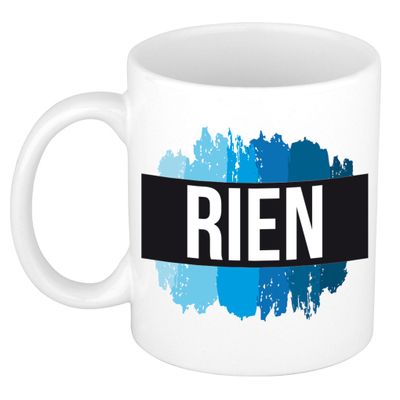 Naam cadeau mok / beker Rien met blauwe verfstrepen 300 ml