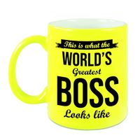 Worlds Greatest Boss cadeau koffiemok / theebeker neon geel 330 ml - thumbnail