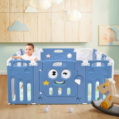 Baby Grondbox Opvouwbaar Babybox Speelbox met Vergrendeling Deur /Anti-Slip Zuignap Verstelbare Vorm (Blauw 14 Paneel)