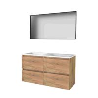 Basic-Line Framed 46 Badkamermeubelset - 120 x 46 cm - Greeploos - 4 Lades - Acryl Wastafel - 2 Kraangaten - Spiegel met Zwart Aluminium Frame - Whisky Oak