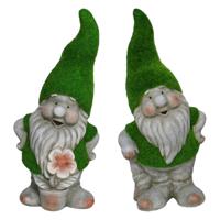 Tuinkabouter beeldje - set van 2 - Dwarf Okkie en Manuel - grasgroen - 32 cm - Polystone - Tuinbeelden