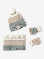 Meisjesmuts + snood + wanten/handschoenen in colorblock voor meisjes blauwgroen