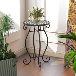 Mozaïek Bijzettafel voor Binnen en Buiten Ronde Terrastafel met Weerbestendig Tafelblad Kleine Plantenstandaard Zwart + Wit
