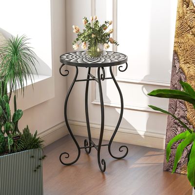 Mozaïek Bijzettafel voor Binnen en Buiten Ronde Terrastafel met Weerbestendig Tafelblad Kleine Plantenstandaard Zwart + Wit