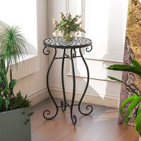 Mozaïek Bijzettafel voor Binnen en Buiten Ronde Terrastafel met Weerbestendig Tafelblad Kleine Plantenstandaard Zwart + Wit