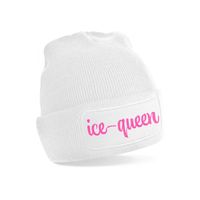 Wintersport muts voor volwassenen - Ice Queen - wit - roze glitters - one size - Apres ski beanie