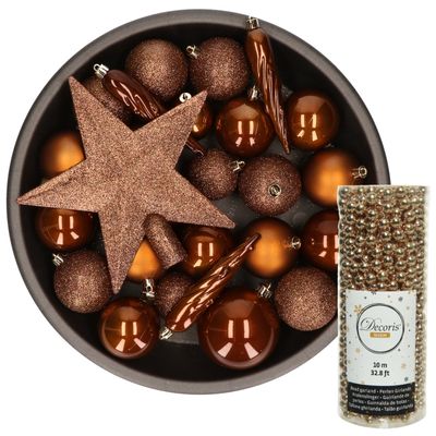 Decoris kerstversiering pakket 34x stuks kunststof bruin