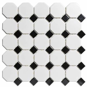 Mozaïek Paris 29.5x29.5 cm Geglazuurd Porselein, Octagon Mat En Glanzend Wit En Zwart The Mosaic Factory