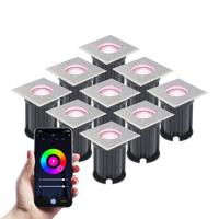 Set van 9 Smart Grondspots buiten - Vierkant - 5,5 Watt 345 lumen - RGBWW - Wifi + Bluetooth - Bestuurbaar via app - IP65 - Google Home, Amazon Alexa en Siri - RVS