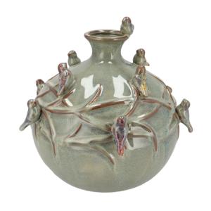 Vaas Spring birds - mosgroen - keramiek - D18 x H18 cm - bloemenvaas