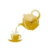 2 PC'S creatieve DIY acryl koffie kopje theepot 3D muur klok decoratieve keuken wandklokken woonkamer dining room Home decor klok (goud)