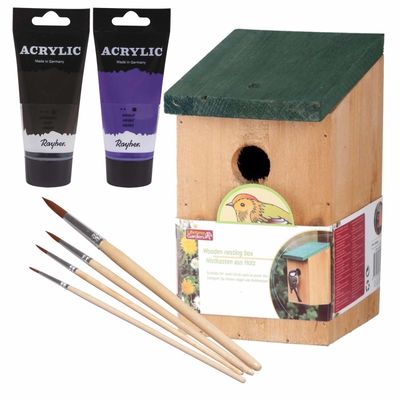 Houten vogelhuisje/nestkastje 22 cm - zwart/donker paars Dhz schilderen pakket