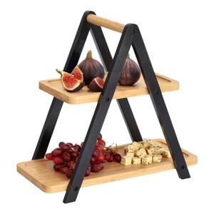 Etagere - bamboe hout - zwart - 2-laags - presenteren/serveren - 34 x 17 x 32 cm - high tea/wine