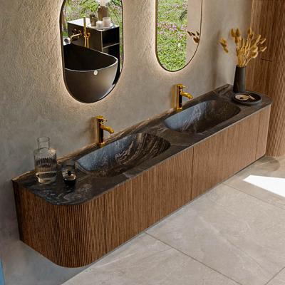 Mondiaz KURVE-DLUX 200 cm Onderkast Greeploos 2 Lades Met Deuren Walnut, Wastafel Solid Surface Dubbel Lava 2 Kraangaten Zonder Spiegel (KRVSTS200L+R2L2D2KD-Wal/Lav)