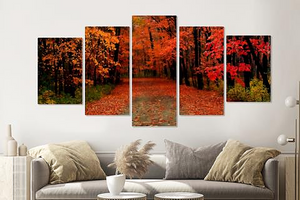 Karo-art Schilderij -Herfst bos, rood,  5 luik, 200x100cm, Premium print
