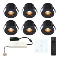 Set van 6 Olivia LED Mini Inbouwspots met Trafo en Muurdimmer - 12 Volt 3 Watt 150 lumen - Dimbaar - Verzonken - Plat 36mm - 2700K - IP44 waterdicht - Zwart