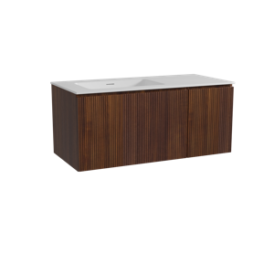 Storke Ribs zwevend badmeubel 110 x 52 cm notenhout met Mata asymmetrisch linkse wastafel in solid surface mat wit, Verticale symmetrische rechte ribbel