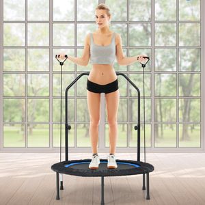 Ø101cm Trampoline met 2 Weerstandsbanden Binnen Buiten Fitness Trampoline met in Hoogte Verstelbaar Handvat Zwart + Blauw