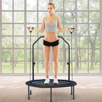 Ø101cm Trampoline met 2 Weerstandsbanden Binnen Buiten Fitness Trampoline met in Hoogte Verstelbaar Handvat Zwart + Blauw