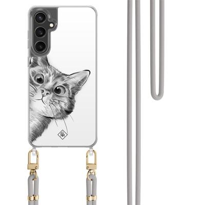 Samsung Galaxy S24 FE hoesje met grijs koord - Peekaboo kat