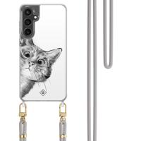 Samsung Galaxy S24 FE hoesje met grijs koord - Peekaboo kat Samsung Galaxy S24 FE hoesje met grijs koord - Peekaboo kat