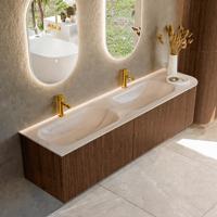 Badmeubel Mondiaz Kurve-Dlux | 175 cm | Meubelkleur Walnut | Wastafelkleur Meli | Solid surface | Dubbel / Links spoelbak | 2 kraangaten