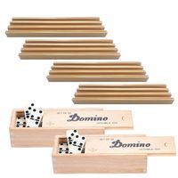 4x Dominostenenhouder met 2x domino spel in houten doos 56x stenen - thumbnail