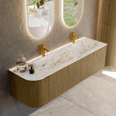 Badmeubel Mondiaz Kurve-Dlux | 155 cm cm | Meubelkleur Dusk | Wastafelkleur Glace | Solid surface | Dubbel / Rechts spoelbak | 2 kraangaten
