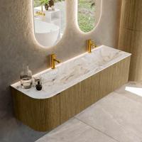 Badmeubel Mondiaz Kurve-Dlux | 155 cm cm | Meubelkleur Dusk | Wastafelkleur Glace | Solid surface | Dubbel / Rechts spoelbak | 2 kraangaten