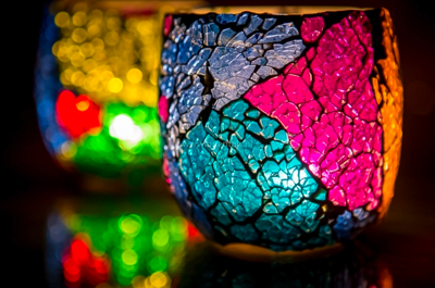 Oosterse waxinehouder crackled glass - bol multi-colour in 2 maten