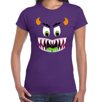 Monster gezicht - halloween verkleed t-shirt -paars - voor dames - kleding