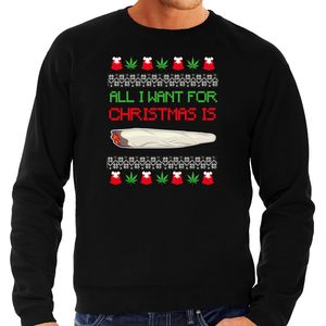 Foute Kersttrui/sweater voor heren - All I want for Christmas is wiet - zwart - joint