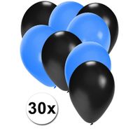 30x ballonnen - 27 cm - zwart / blauwe versiering - thumbnail